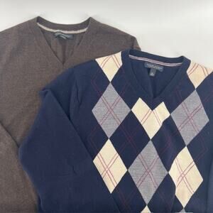 Banana Republic Fine Merino Wool V Neck Sweater Mens XL Brown Blue Argyle (2)